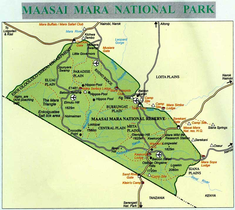 Cartina geografica del parco nazionale del Masai Mara, Kenya